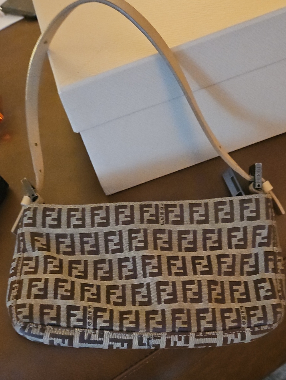 Fendi Brown/Beige Zucca Shoulder Bag with Beige Leather Strap